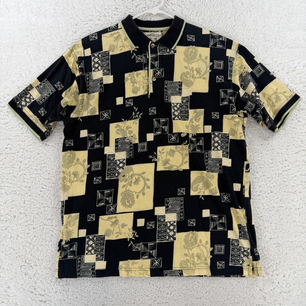 Bamboo Cay Polo Shirt Mens Large Black Patchwork Tropical Cotton Knit Hawaiian
